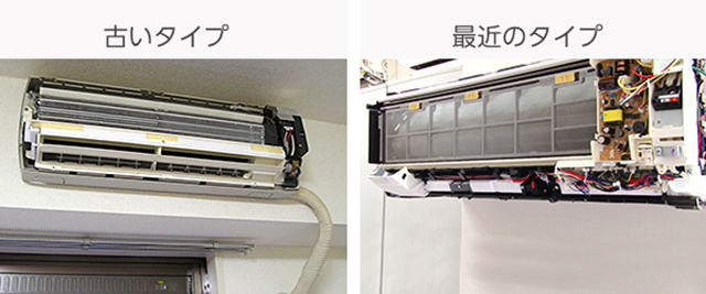 最近のタイプは自動お掃除機能、省エネや人感センサーなどの機能も付加され、電装部品やコードがたくさんついている。