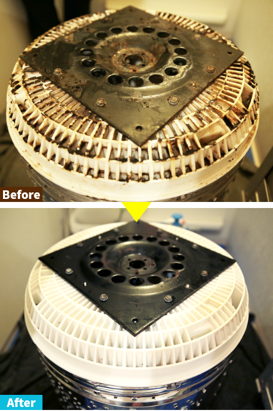 縦型洗濯機クリーニング 脱水槽底裏面のBefore After